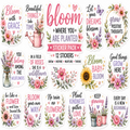 A sticker pack featuring 12 watercolor floral and inspirational quote stickers with pink, purple, green, and yellow botanical designs on a white background.