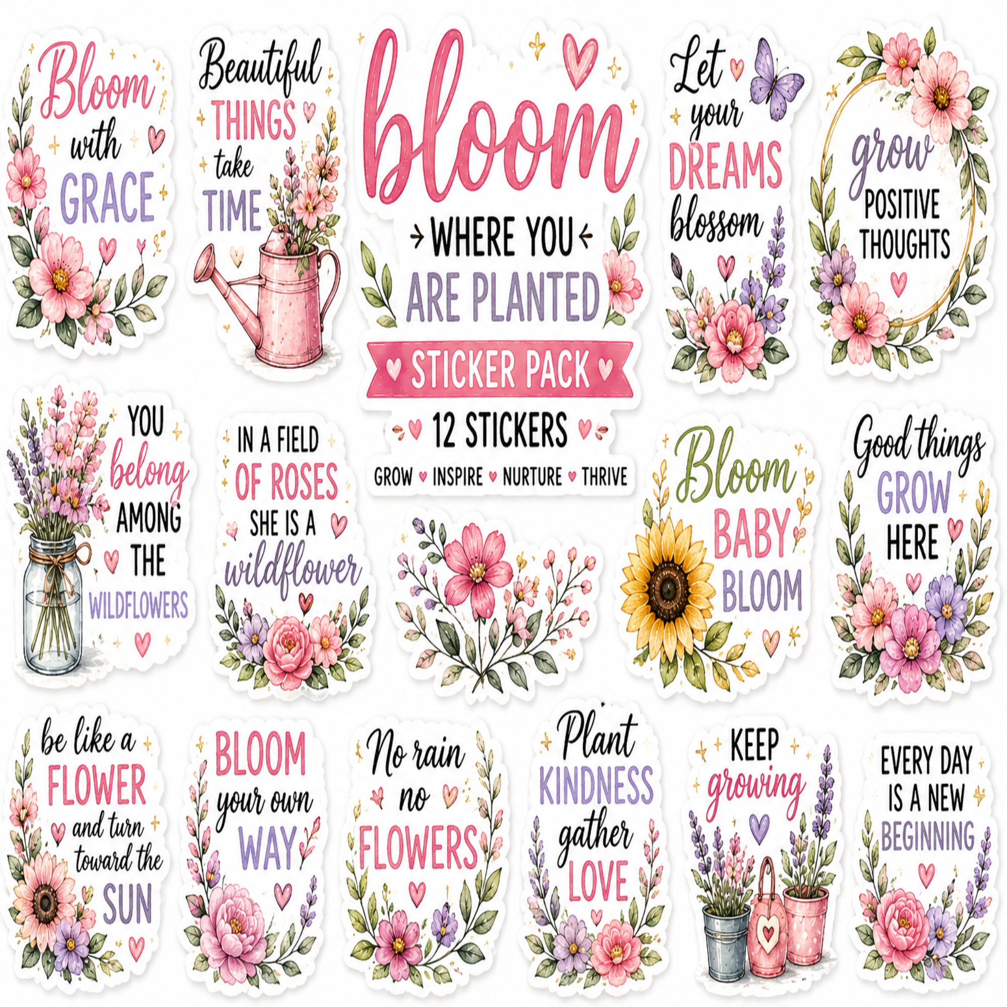A sticker pack featuring 12 watercolor floral and inspirational quote stickers with pink, purple, green, and yellow botanical designs on a white background.