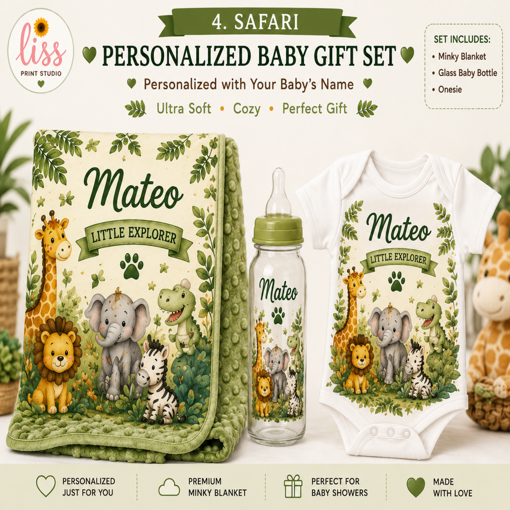 A personalized safari-themed baby gift set from Liss Print Studio, featuring a green and cream minky blanket, a white baby onesie, and a glass bottle with a silicone cover, all decorated with safari animal illustrations like giraffes, lions, and elephants. The set is displayed on a white background with decorative props.