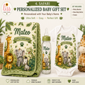A personalized safari-themed baby gift set from Liss Print Studio, featuring a green and cream minky blanket, a white baby onesie, and a glass bottle with a silicone cover, all decorated with safari animal illustrations like giraffes, lions, and elephants. The set is displayed on a white background with decorative props.