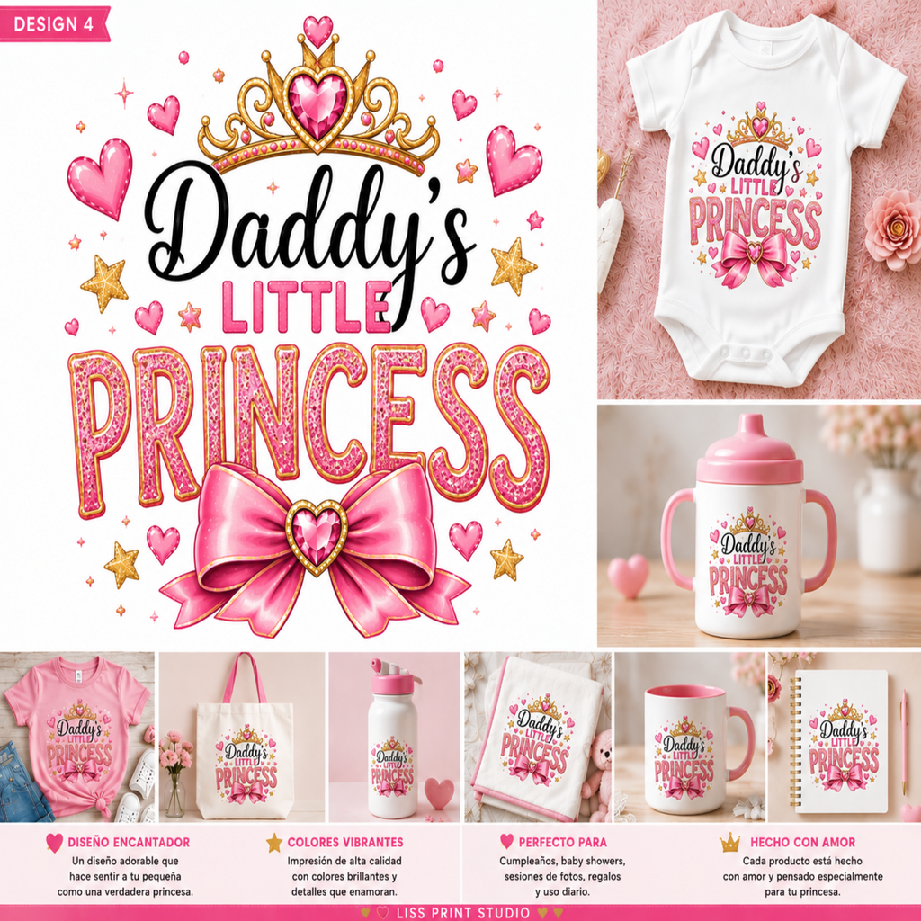 A collage-style promotional graphic for a 'Daddy's Little Princess' design set, featuring a large central typography graphic with a crown, hearts, and pink bow, plus smaller product photos of matching baby apparel, a tumbler, tote bag, mug, and notebook on a pink themed background.