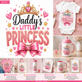 A collage-style promotional graphic for a 'Daddy's Little Princess' design set, featuring a large central typography graphic with a crown, hearts, and pink bow, plus smaller product photos of matching baby apparel, a tumbler, tote bag, mug, and notebook on a pink themed background.