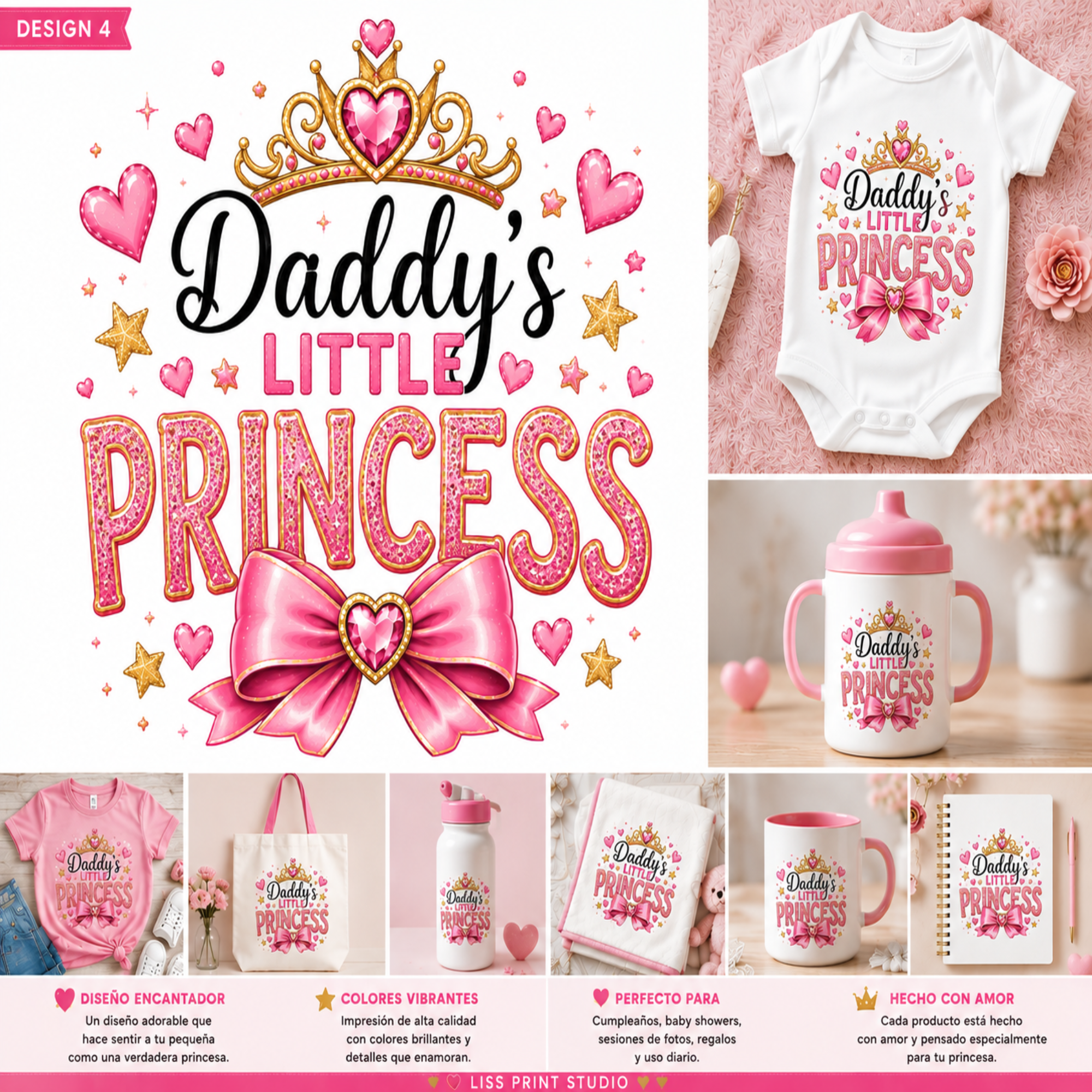 A collage-style promotional graphic for a 'Daddy's Little Princess' design set, featuring a large central typography graphic with a crown, hearts, and pink bow, plus smaller product photos of matching baby apparel, a tumbler, tote bag, mug, and notebook on a pink themed background.