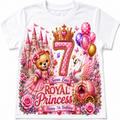 A white short-sleeve baby t-shirt featuring a vibrant, detailed graphic print for a 7th birthday. The design includes a pink castle, a teddy bear in a pink dress, a large pink number 7 with a gold crown, balloons, a swan, a pink carriage, and floral elements, with text reading 'Seven Ever ROYAL Princess Happy 7th Birthday!'.