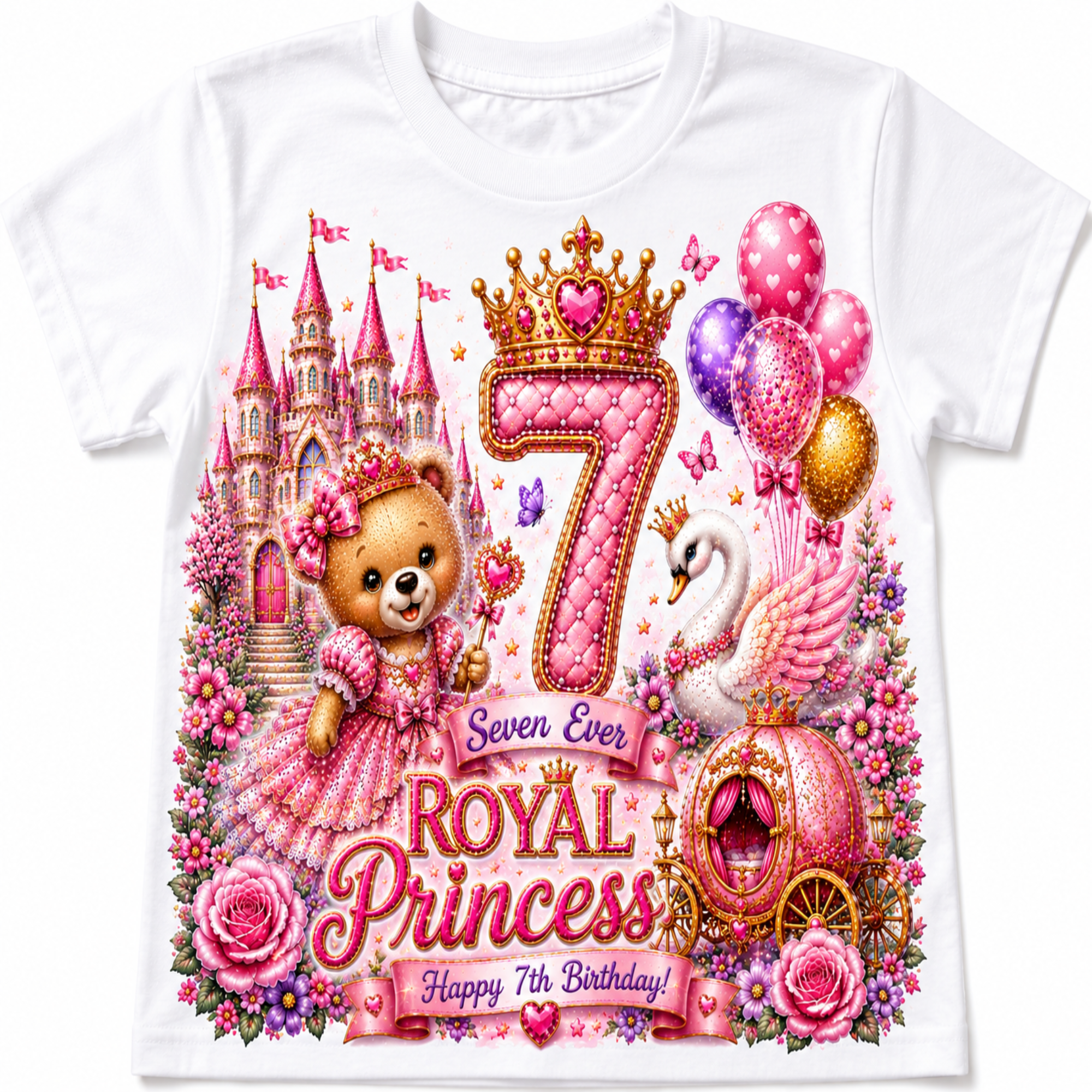 A white short-sleeve baby t-shirt featuring a vibrant, detailed graphic print for a 7th birthday. The design includes a pink castle, a teddy bear in a pink dress, a large pink number 7 with a gold crown, balloons, a swan, a pink carriage, and floral elements, with text reading 'Seven Ever ROYAL Princess Happy 7th Birthday!'.