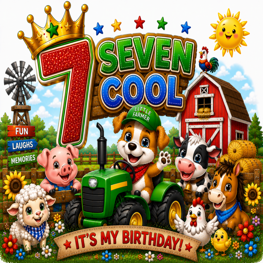 A colorful cartoon birthday scene with the text '7 SEVEN COOL' and 'IT'S MY BIRTHDAY!' on a farm background. A dog drives a green tractor, surrounded by a pig, cow, horse, sheep, chicken, sun, windmill, barn, and stars.
