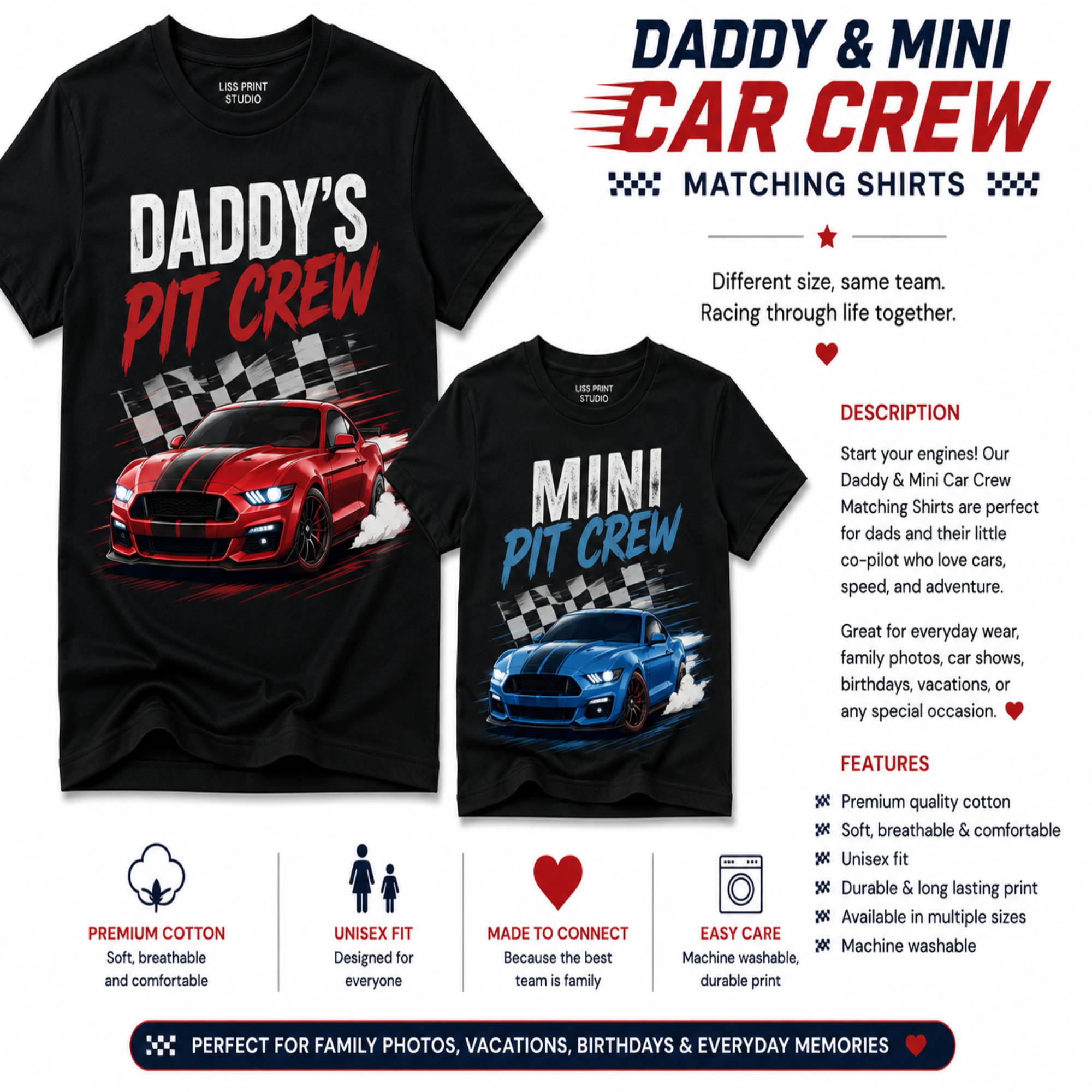 A promotional graphic for a matching black t-shirt set for 'Daddy & Mini Car Crew'. The graphic shows two black t-shirts side-by-side: one with a red car graphic and the text 'DADDY'S PIT CREW', and the other with a blue car graphic and the text 'MINI PIT CREW'.