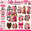 A promotional collage for a 10-piece DTF decal collection themed around coffee lovers, featuring pink mottled coffee cups, coffee mugs, coffee pots, hearts, bows, flowers, coffee beans, and decorative text such as 'Life Happens, Coffee Helps' and 'Good Morning.' The layout includes branding for Liss Print Studio and product details like pricing and materials.