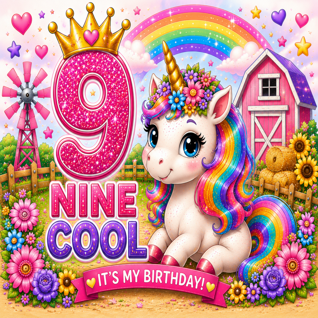 A colorful cartoon birthday scene with a white unicorn, rainbow mane and tail, pink glittery number 9, flowers, a barn, windmill, and the text '9 NINE COOL' and 'IT'S MY BIRTHDAY!'.