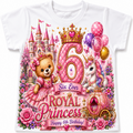 A white short-sleeve baby t-shirt featuring a vibrant, detailed royal princess birthday graphic. The design includes a pink castle, a teddy bear in a pink dress, a unicorn, a golden carriage, balloons, and a large pink number 6 with the text 'Six Ever ROYAL Princess Happy 6th Birthday!'.