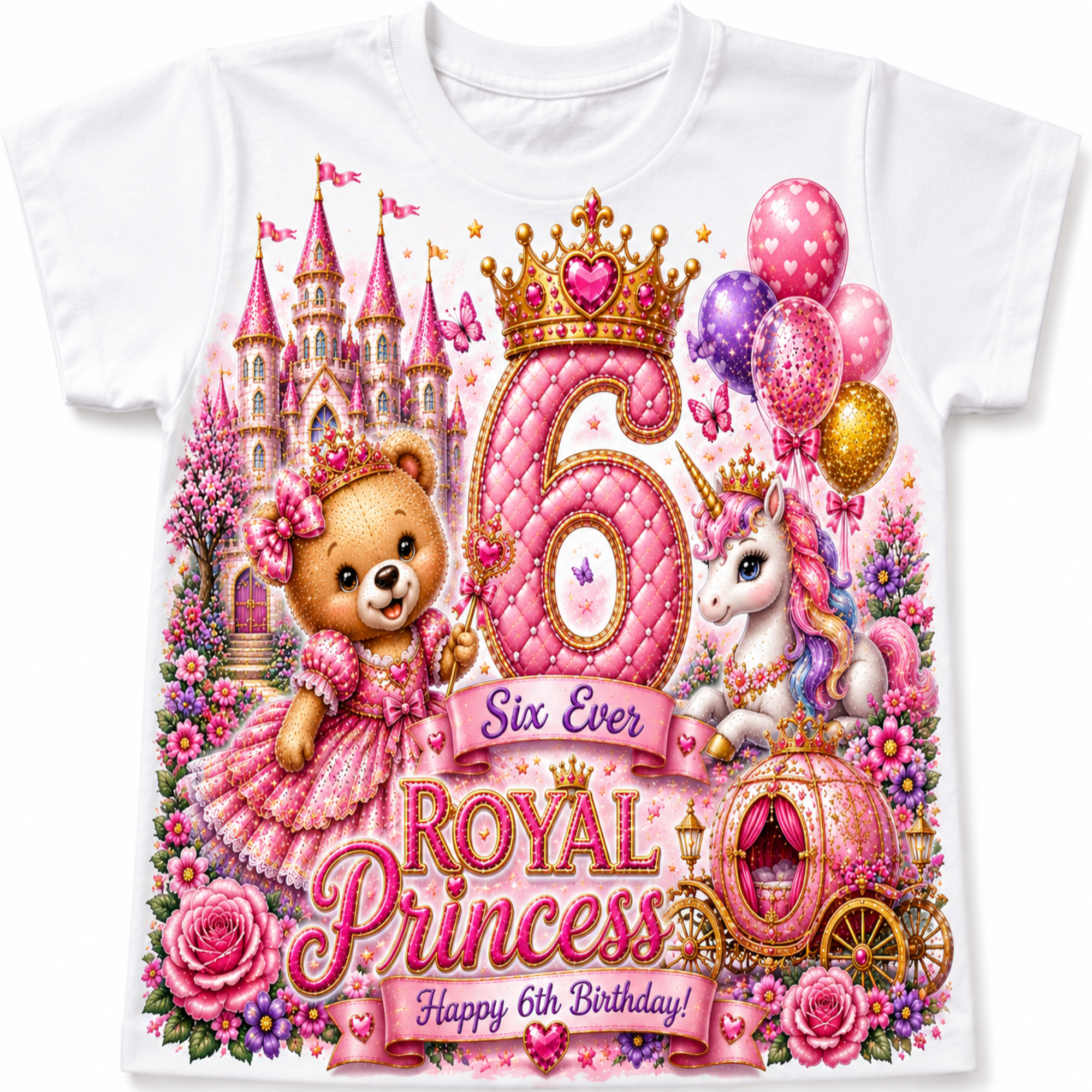 A white short-sleeve baby t-shirt featuring a vibrant, detailed royal princess birthday graphic. The design includes a pink castle, a teddy bear in a pink dress, a unicorn, a golden carriage, balloons, and a large pink number 6 with the text 'Six Ever ROYAL Princess Happy 6th Birthday!'.