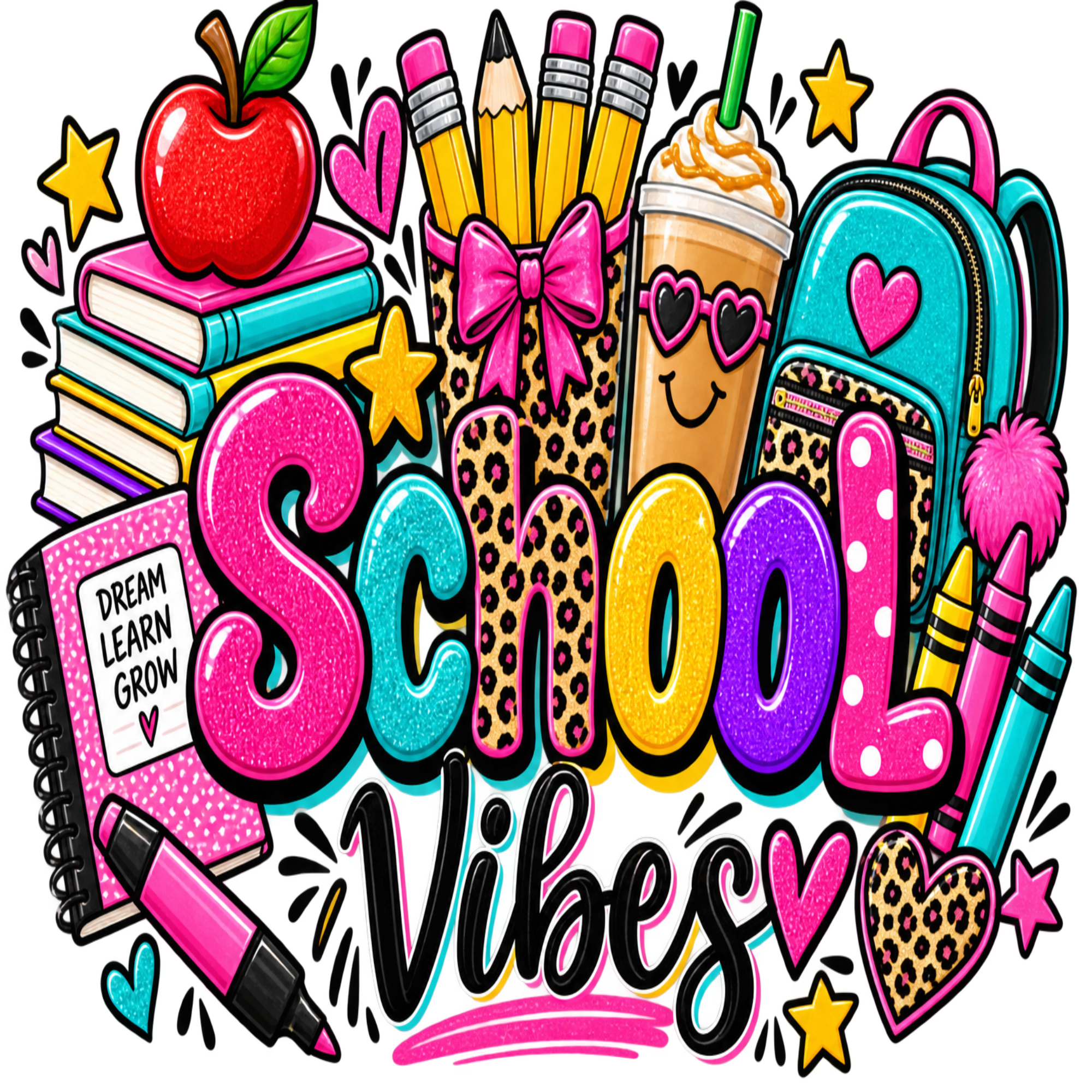 A colorful graphic illustration with the words “School Vibes” in glittery pink, teal, yellow, and purple lettering, surrounded by school-themed doodles including books, pencils, an apple, a drink, a backpack, crayons, a notebook, and hearts on a black background.