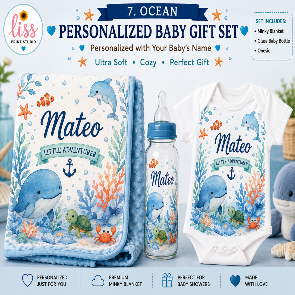 Personalized 7. Ocean themed baby gift set including a soft blue blanket, a clear glass bottle, and a white baby bodysuit with a blue whale and coral print, shown on a light blue background with branding and feature icons.