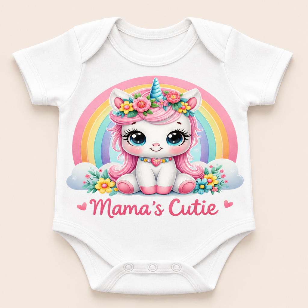A white short-sleeve baby bodysuit with a colorful cartoon unicorn graphic and the text 'Mama's Cutie' printed on the front, shown against a light beige background.