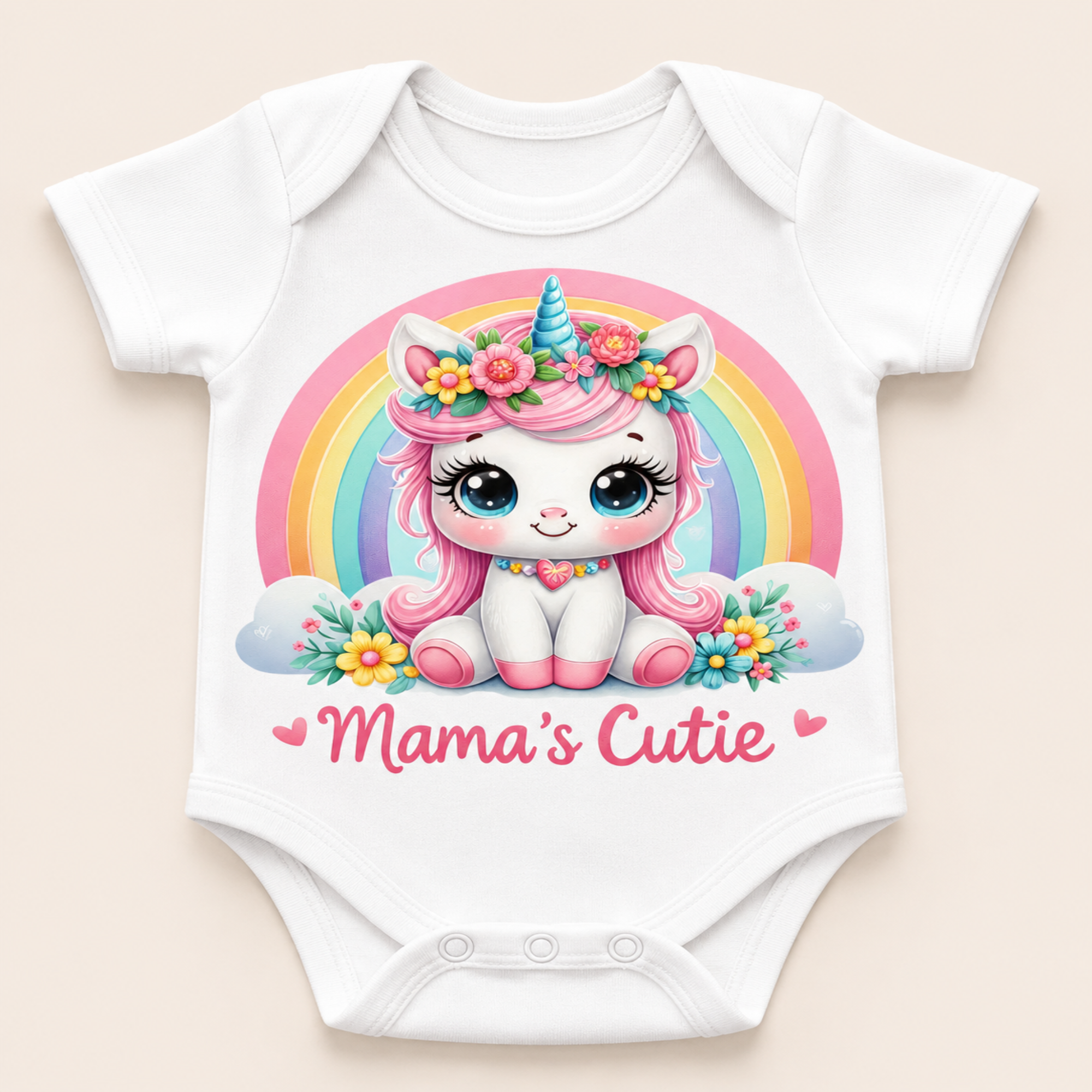 A white short-sleeve baby bodysuit with a colorful cartoon unicorn graphic and the text 'Mama's Cutie' printed on the front, shown against a light beige background.