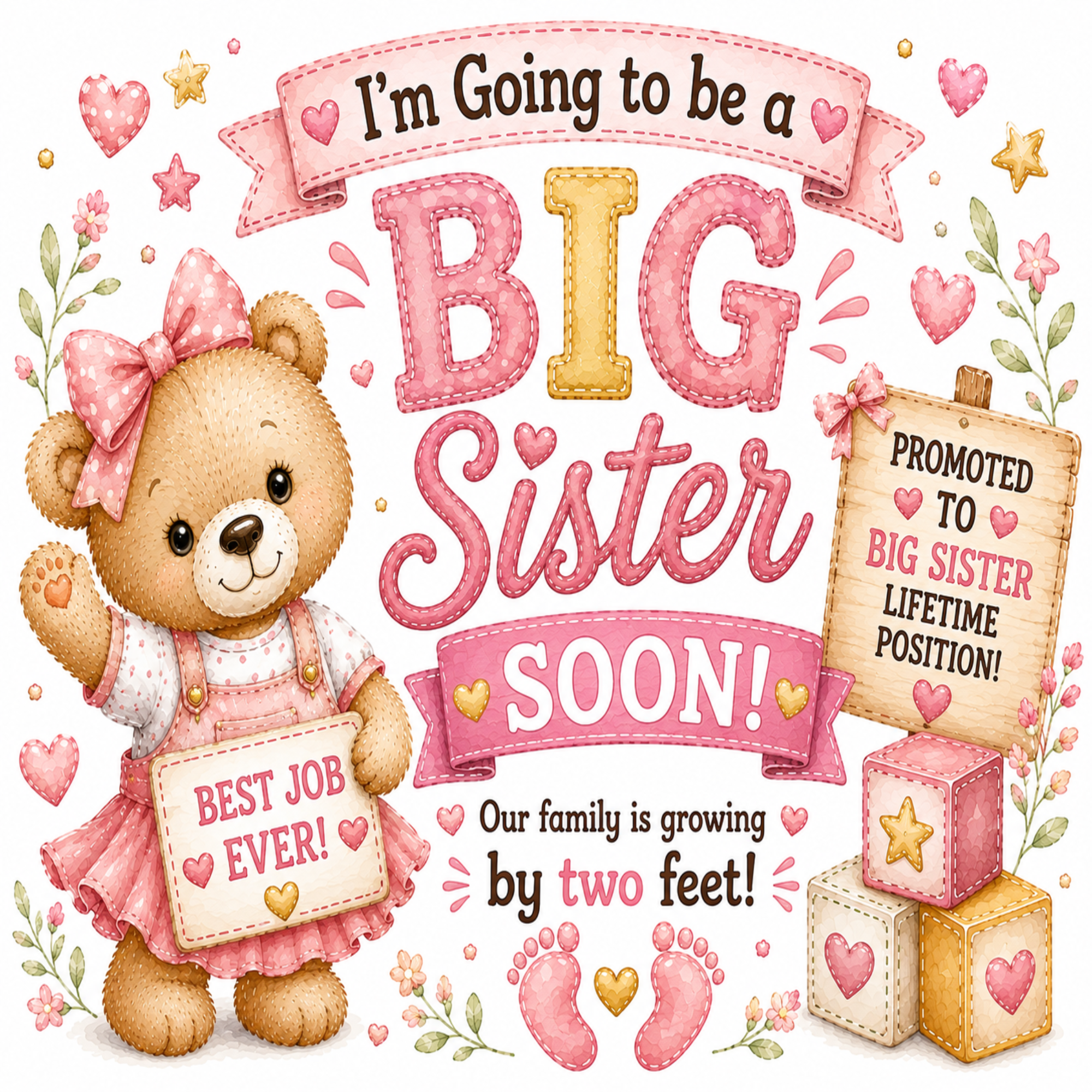 A pink and beige baby shower themed graphic celebrating a big sister coming soon, featuring a cute teddy bear in a pink dress holding a sign that says 'BEST JOB EVER!', pink baby footprints, and gift boxes on a white background.