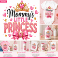 A collage-style product mockup for a custom 'Mommy's Little Princess' design, featuring a white baby bodysuit, a pink-lidded cup, a tote bag, a mug, a notebook, and a tumbler, all printed with the same pink and gold graphic. The main graphic includes a large pink glittery 'PRINCESS' text, a gold crown, hearts, and Spanish descriptive text at the bottom.