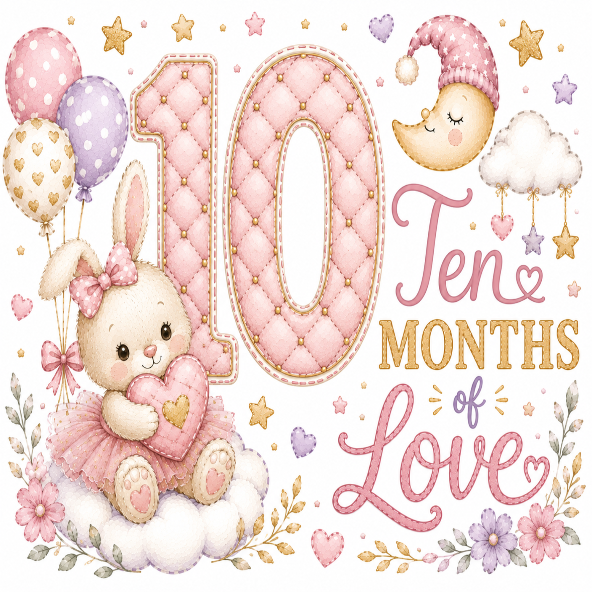 A cute baby shower themed 10-month milestone card design featuring a cartoon bunny in a pink tutu holding a heart, a large quilted number 10, the text 'Ten Months of Love', a crescent moon in a hat, balloons, stars, and flowers on a white background.