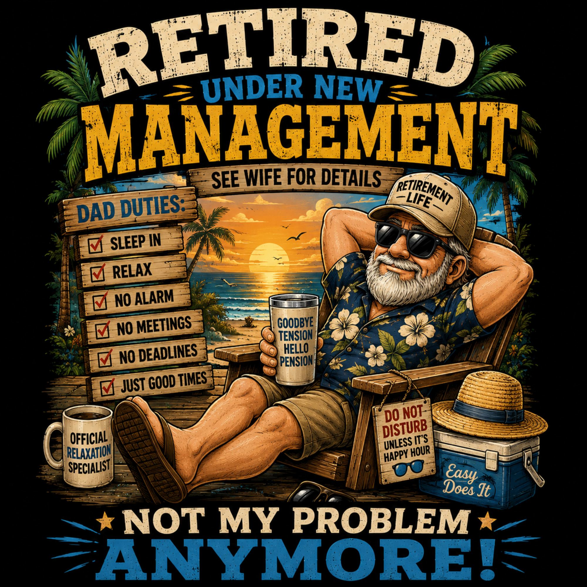 A colorful graphic print featuring a cartoon retired man lounging in a chair by the ocean, with large text reading 'RETired UNDER NEW MANAGEMENT' and 'NOT MY PROBLEM ANYMORE!'. The design includes tropical scenery, a beach umbrella, a cooler, and a list of dad duties with checkmarks.