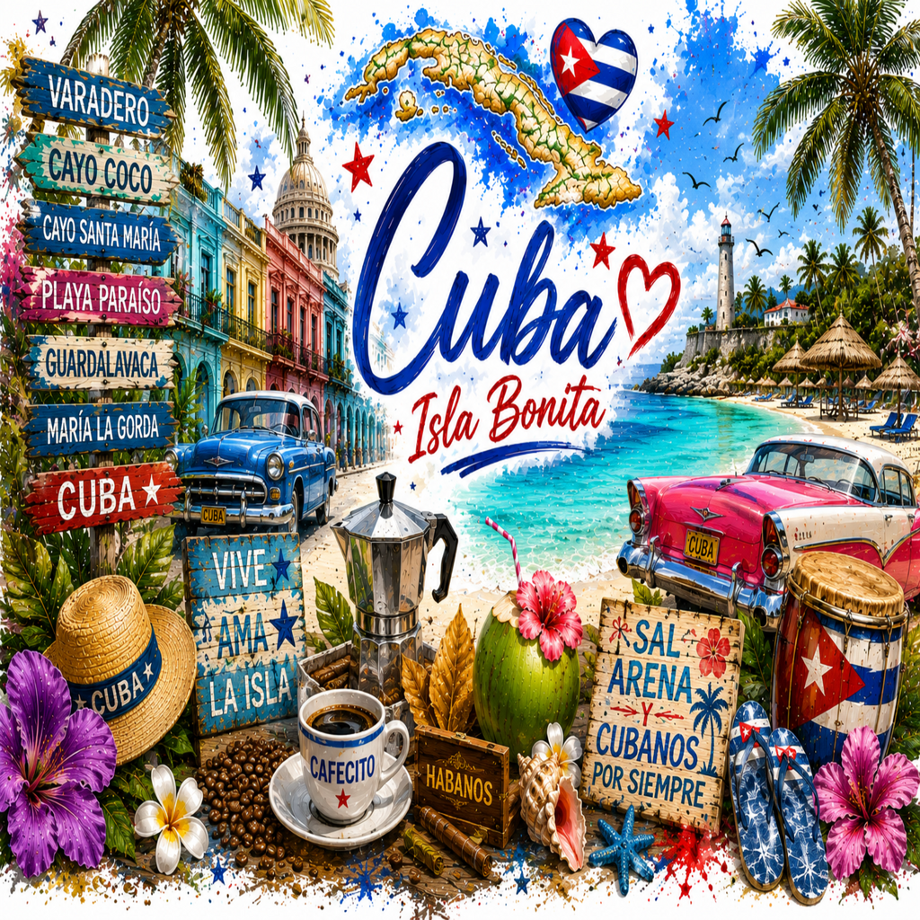 A colorful collage-style poster or print celebrating Cuba, with the large text 'Cuba' and 'Isla Bonita' over a tropical beach and street scene. The design includes palm trees, a blue moka pot, a pink classic car, Cuban flags, flowers, a straw hat, coffee cups, and signs with Cuban destinations and phrases.
