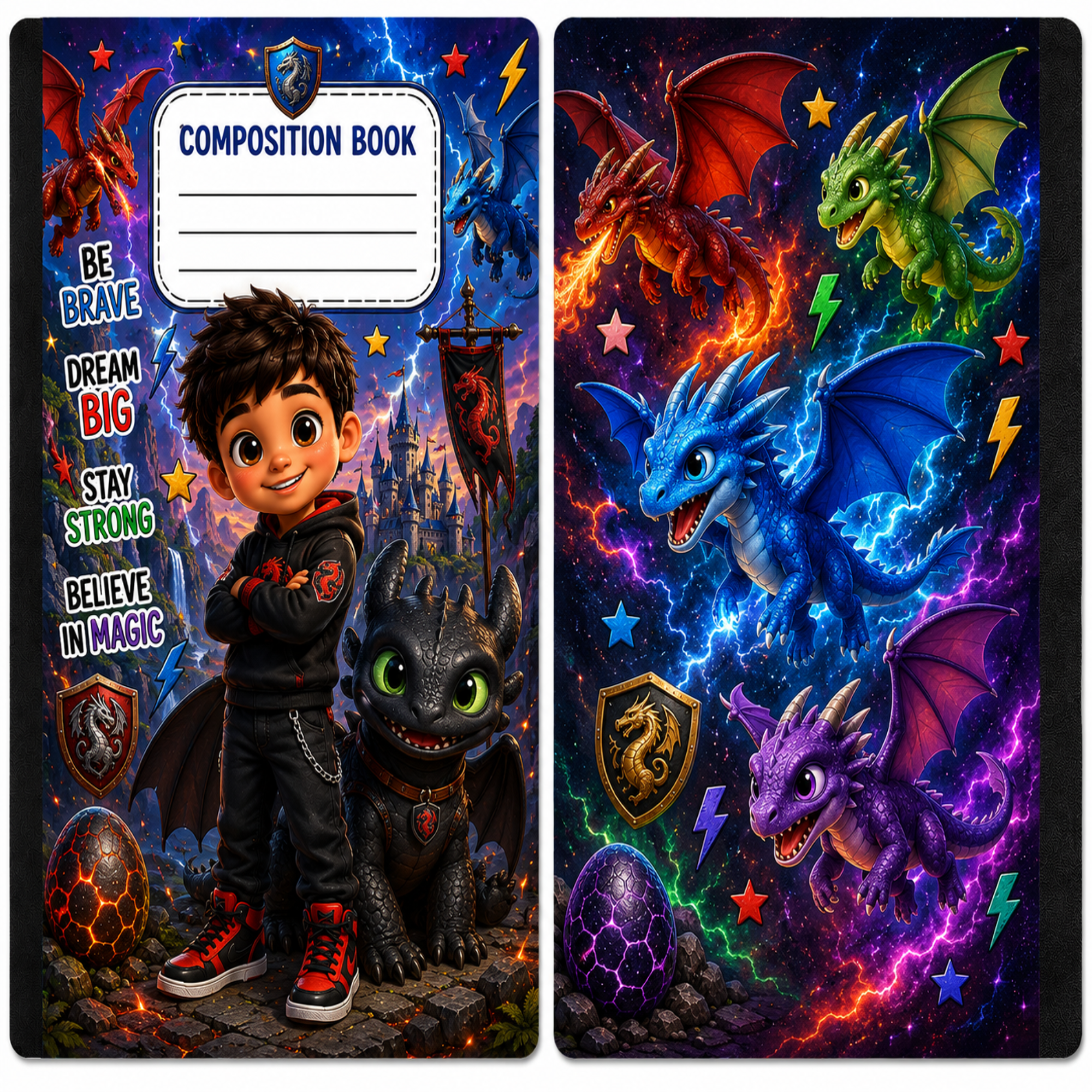 A children's composition book set featuring two covers with colorful fantasy artwork. The left cover shows a boy standing with a black dragon, with the words 'BE BRAVE DREAM BIG STAY STRONG BELIEVE IN MAGIC' and a 'COMPOSITION BOOK' label at the top.