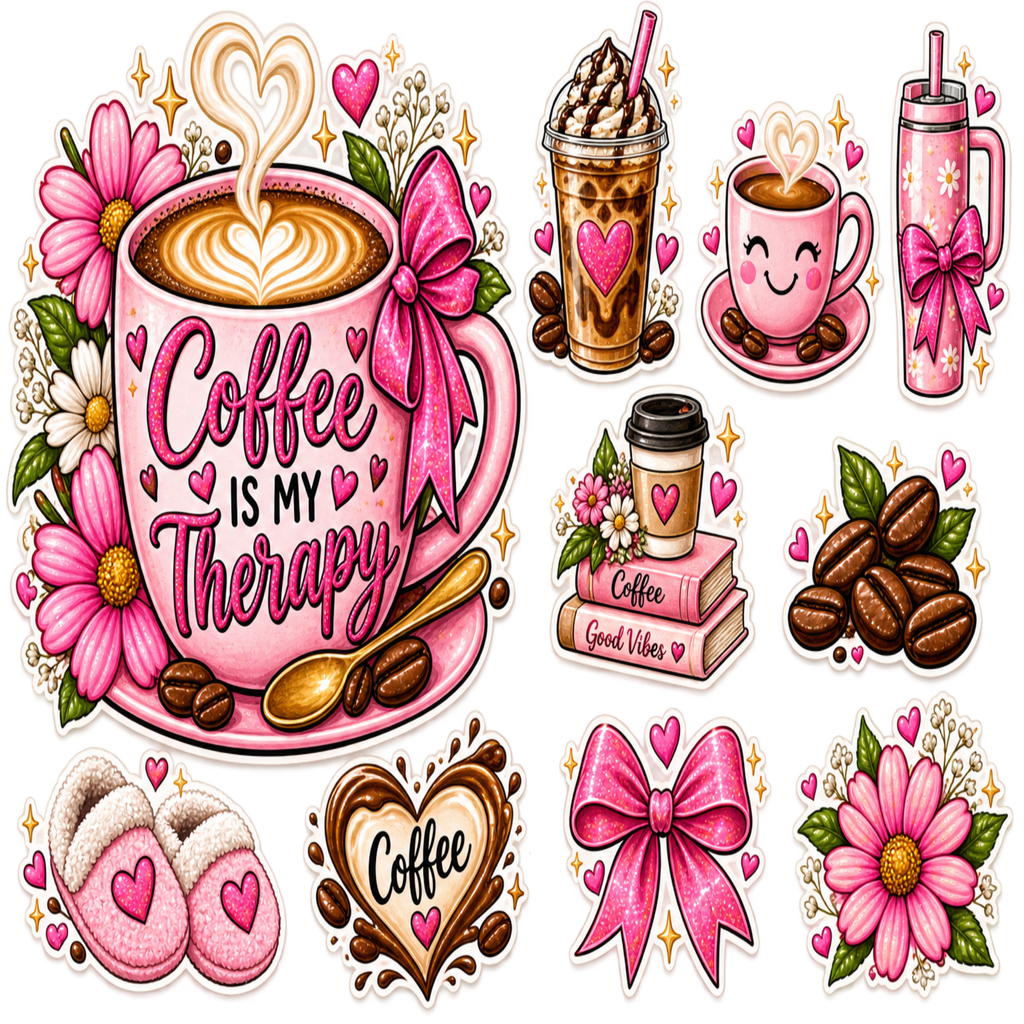 A collection of cute, pink-themed coffee illustrations and stickers, including a large mug with 'Coffee IS My Therapy' text, an iced coffee, a smiling cup, a tumbler, baby slippers, coffee beans, books, and bows on a white background.