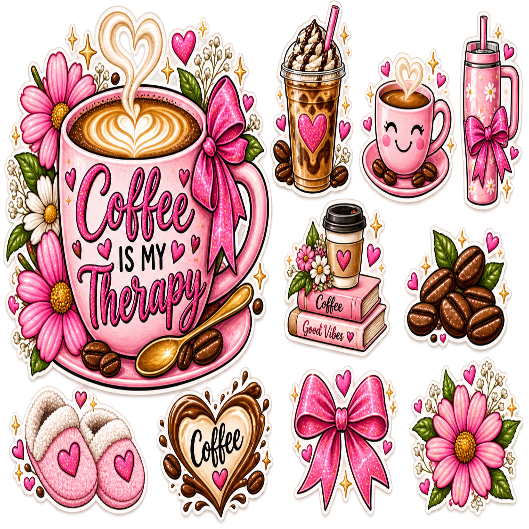 A collection of cute, pink-themed coffee illustrations and stickers, including a large mug with 'Coffee IS My Therapy' text, an iced coffee, a smiling cup, a tumbler, baby slippers, coffee beans, books, and bows on a white background.