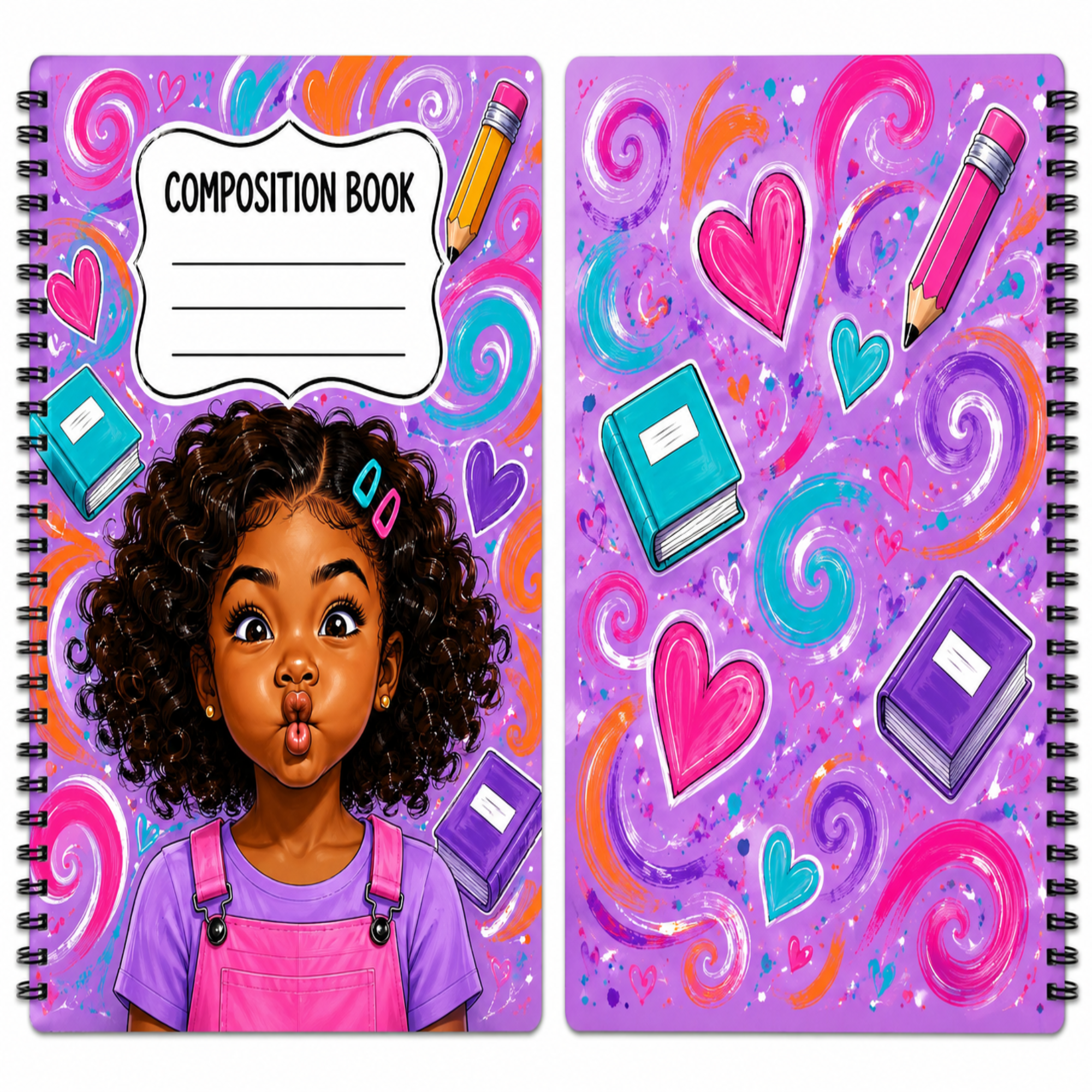 Two spiral-bound composition books shown side by side with a colorful illustrated cover and matching inner page featuring swirls, hearts, books, and a pencil on a purple background.