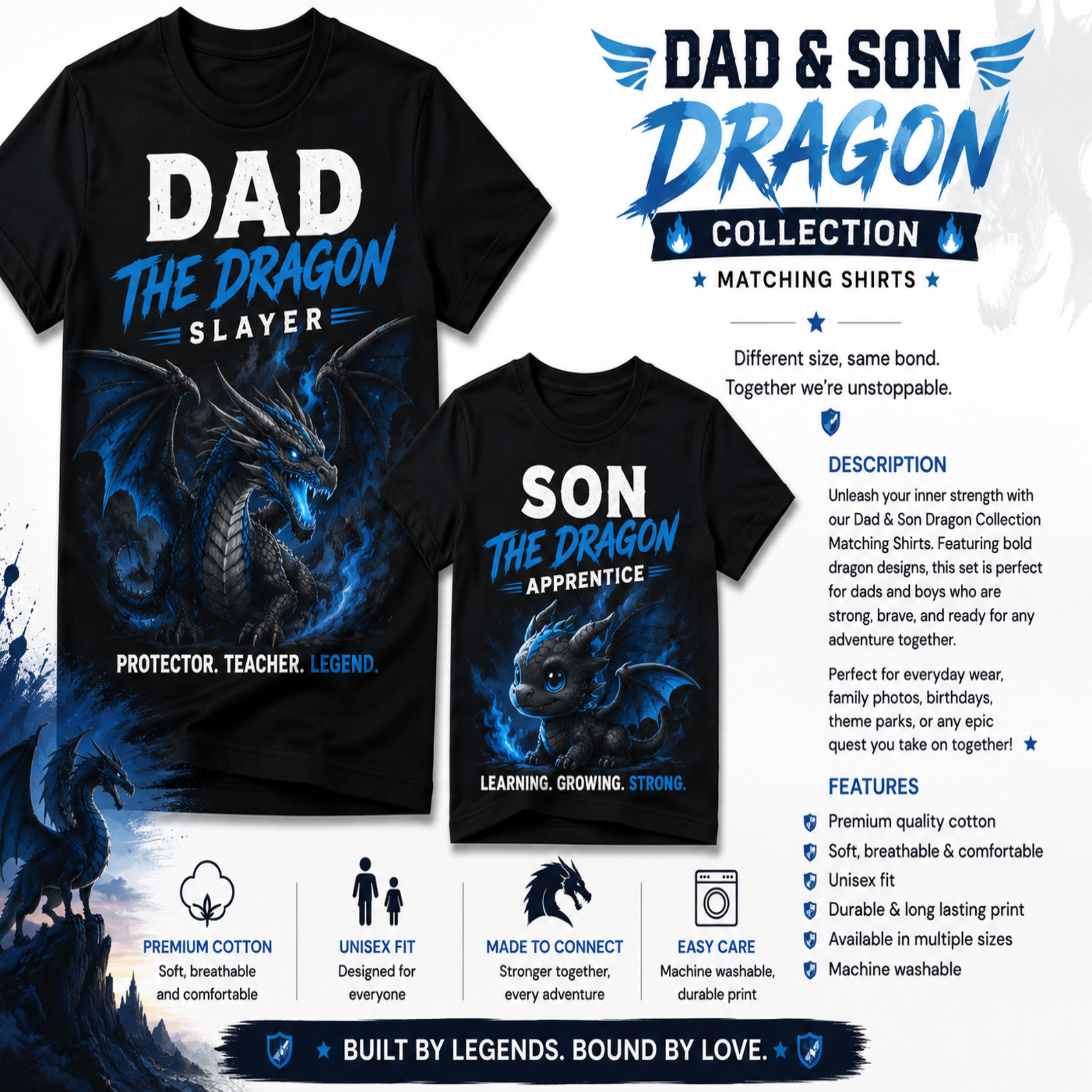 Matching t-shirts from the Dad & Son Dragon Collection, featuring a black crewneck shirt for 'Dad' with a blue dragon graphic and white text, and a smaller black t-shirt for 'Son' with a blue dragon graphic and white text. The image includes product descriptions, size comparison icons, and feature badges.