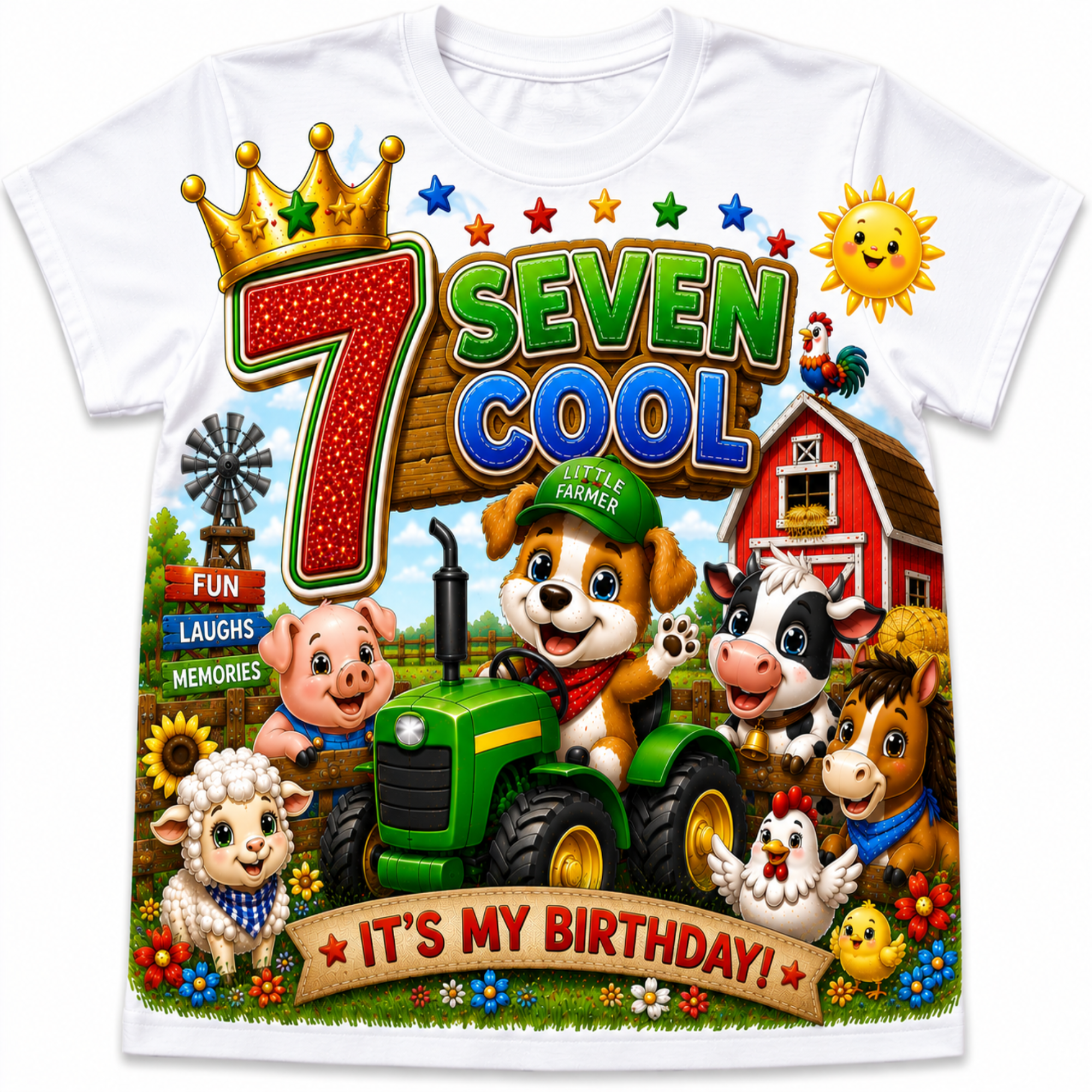 A white short-sleeve crewneck t-shirt featuring a colorful cartoon graphic on the front. The graphic reads '7 SEVEN COOL' with a gold crown, a green tractor, a pig, a cow, a horse, a sheep, a chicken, and a banner that says 'IT'S MY BIRTHDAY!'.