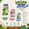 A promotional graphic for a Dinosaur Birthday Family Collection matching shirts set, showing three white t-shirts with colorful dinosaur-themed prints (green dinosaur for Dad, pink dinosaur for Mom, blue dinosaur for It's My Birthday) alongside descriptive text and product features.