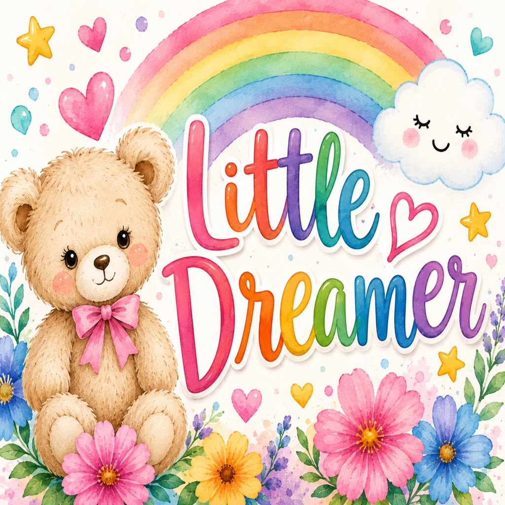 A colorful watercolor-style illustration with the words 'Little Dreamer' in large rainbow letters, a smiling teddy bear with a pink bow, a rainbow arching across the top, a cloud with closed eyes, stars, and flowers on a white background.