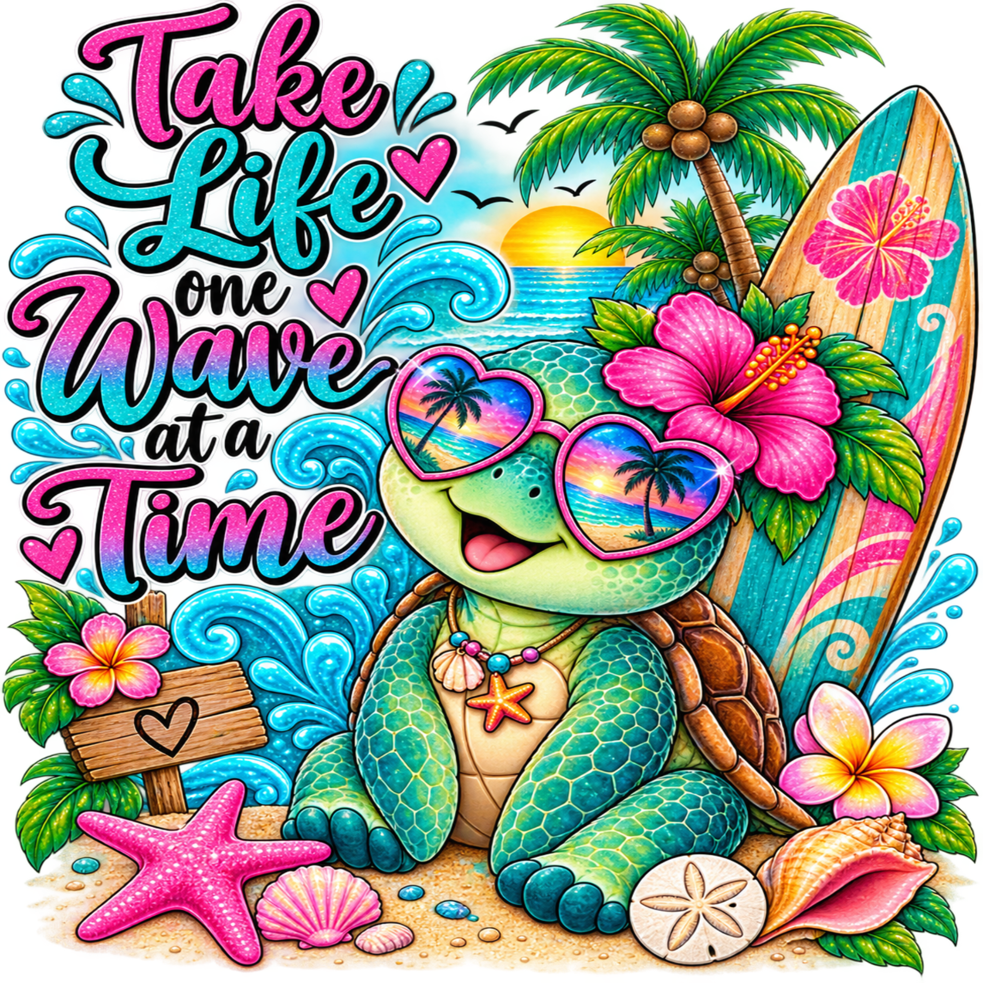 Vibrant tropical beach illustration with the phrase “Take Life One Wave at a Time” in colorful lettering. A smiling sea turtle wearing heart-shaped sunglasses sits on sand with a surfboard, palm tree, hibiscus flowers, starfish, shells, and ocean waves in the background.