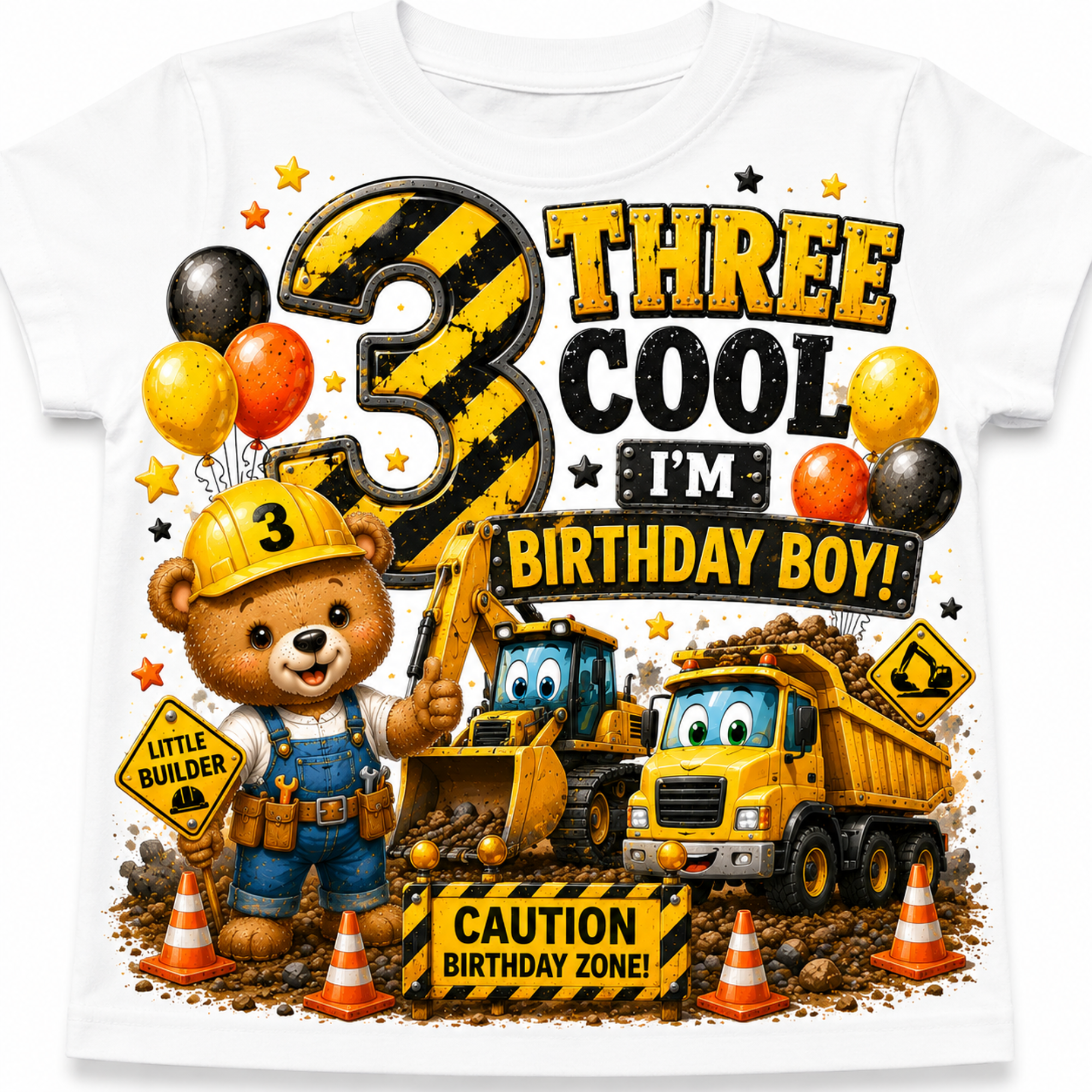 A white short-sleeve baby t-shirt featuring a colorful cartoon graphic for a three-year-old boy's birthday. The graphic includes a teddy bear in a yellow hard hat and tool belt, a yellow construction truck, a yellow bulldozer, balloons, and bold text reading 'THREE COOL I'M BIRTHDAY BOY!' and 'CAUTION BIRTHDAY ZONE!'.
