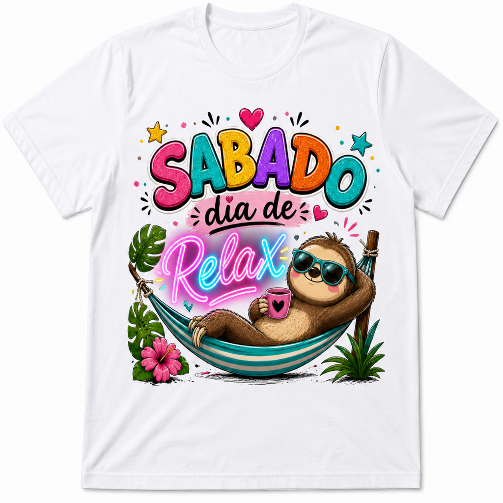 White short-sleeve crewneck t-shirt featuring a colorful graphic print of a cartoon sloth wearing sunglasses and relaxing in a hammock with the Spanish text 'SABADO dia de Relax' in vibrant, playful lettering.