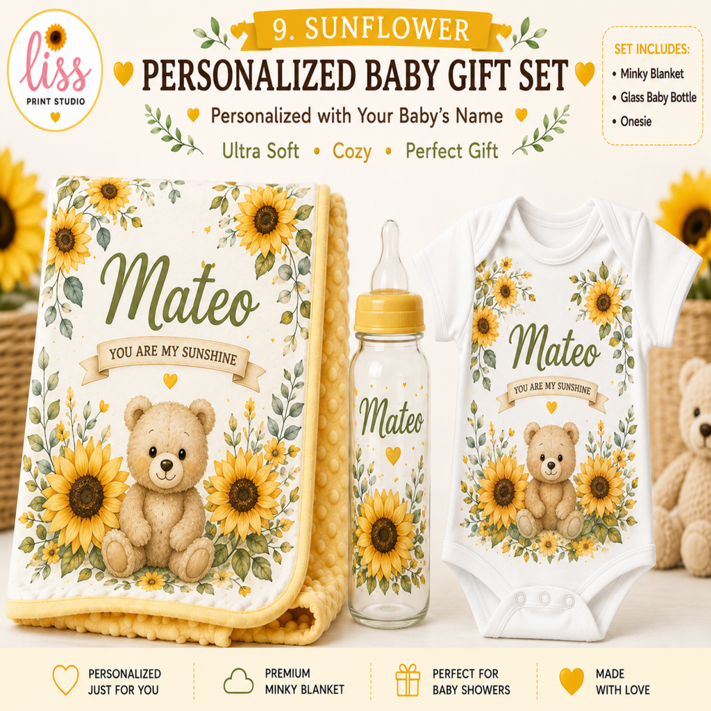 Sunflower personalized baby gift set including a minky blanket, glass baby bottle, and onesie, featuring a teddy bear and sunflower designs with the name Mateo. The set is displayed on a light beige background with promotional text overlays.
