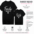 A promotional graphic for a matching black t-shirt set for families, showing two sizes of black t-shirts with white 'Family SQUAD' text and heart graphics. The layout includes descriptive text, features, and care instructions on a white background.