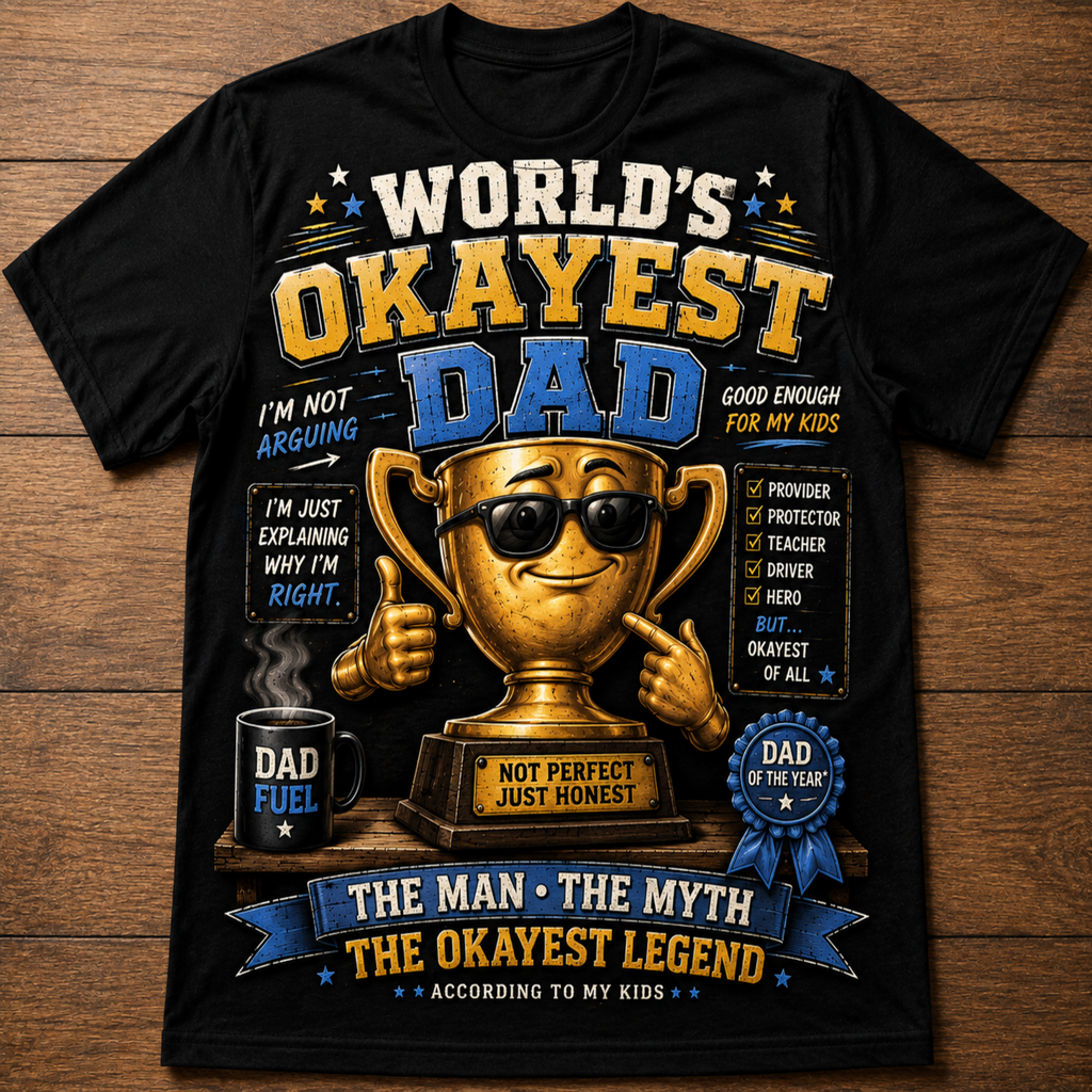 A black short-sleeve graphic t-shirt displayed flat on a brown wooden background. The shirt features a large, colorful design celebrating 'World's Okayest Dad' with a cartoon trophy, a mug labeled 'DAD FUEL', and various text elements.