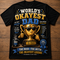 A black short-sleeve graphic t-shirt displayed flat on a brown wooden background. The shirt features a large, colorful design celebrating 'World's Okayest Dad' with a cartoon trophy, a mug labeled 'DAD FUEL', and various text elements.