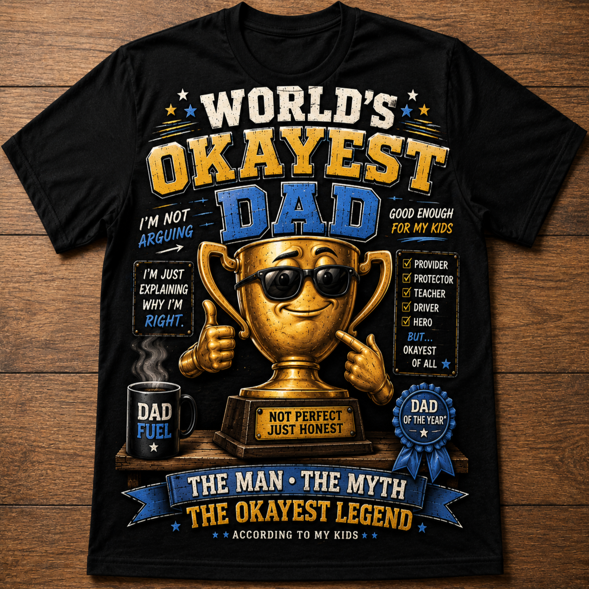 A black short-sleeve graphic t-shirt displayed flat on a brown wooden background. The shirt features a large, colorful design celebrating 'World's Okayest Dad' with a cartoon trophy, a mug labeled 'DAD FUEL', and various text elements.