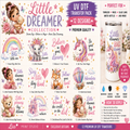 A promotional graphic for a 'Little Dreamer Collection' UV DTF transfer pack by Liss Print Studio. The image showcases 12 different cute cartoon designs (including unicorns, bears, and rainbows) with text instructions and examples of how to apply them to tumblers, mugs, and glass cans.