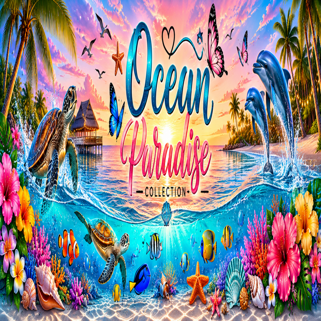 A colorful tropical ocean-themed graphic with the words 'Ocean Paradise Collection' over a sunset beach scene, including dolphins, turtles, fish, flowers, palm trees, and butterflies.