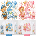Two cartoon baby boy and girl 2nd birthday t-shirt designs shown side by side. The top row features colorful illustrations of teddy bears, balloons, cupcakes, stars, and a large number 2 with the text 'Two Sweet'.