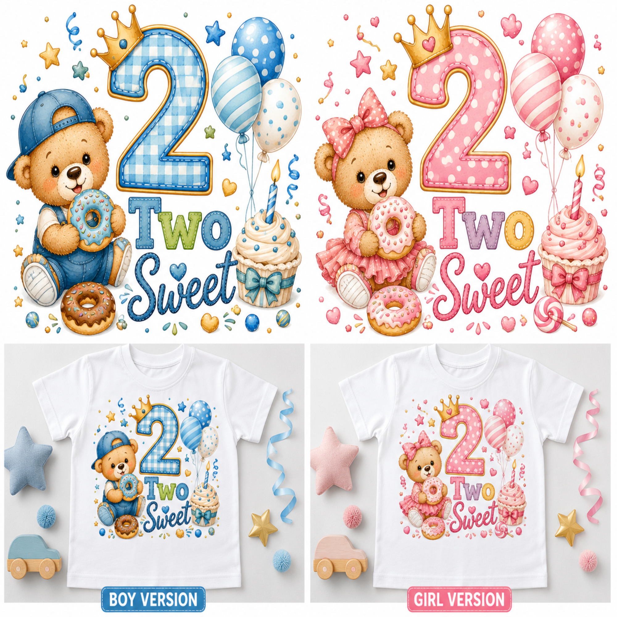 Two cartoon baby boy and girl 2nd birthday t-shirt designs shown side by side. The top row features colorful illustrations of teddy bears, balloons, cupcakes, stars, and a large number 2 with the text 'Two Sweet'.