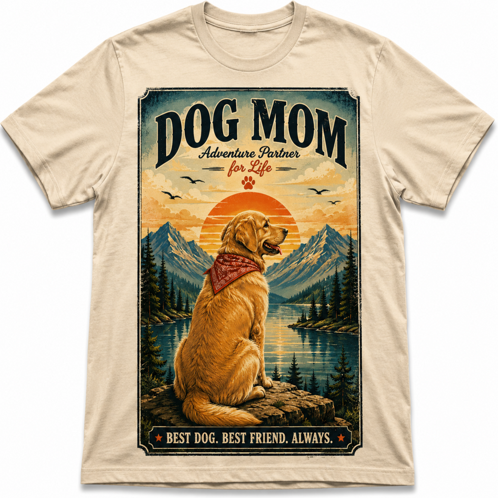 A beige crewneck t-shirt featuring a large graphic print of a golden retriever dog sitting in front of mountains and a lake, with the text 'DOG MOM Adventure Partner for Life' and 'BEST DOG. BEST FRIEND.