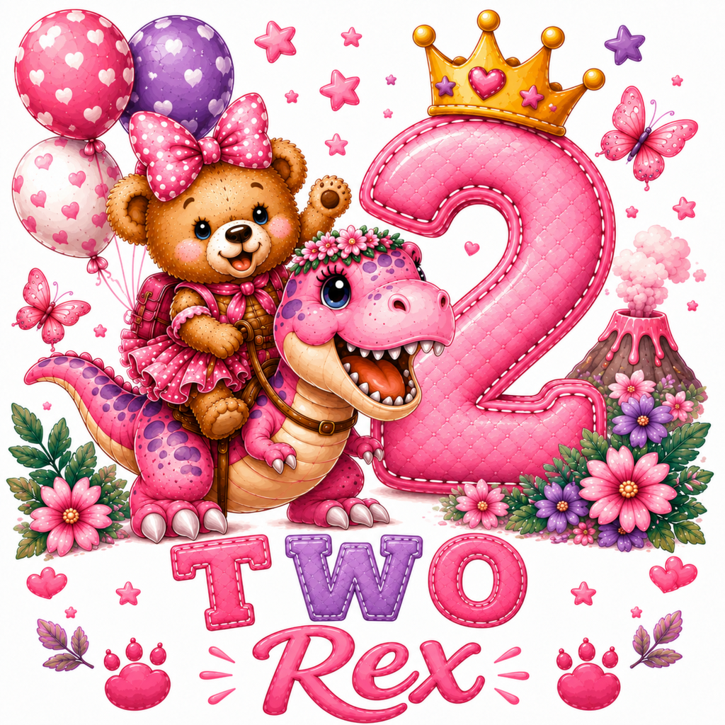 A colorful birthday illustration for a two-year-old featuring a pink teddy bear in a dress and bow, a pink dinosaur, a large pink number 2 with a gold crown, balloons, butterflies, flowers, and the text 'Two Rex' on a white background.