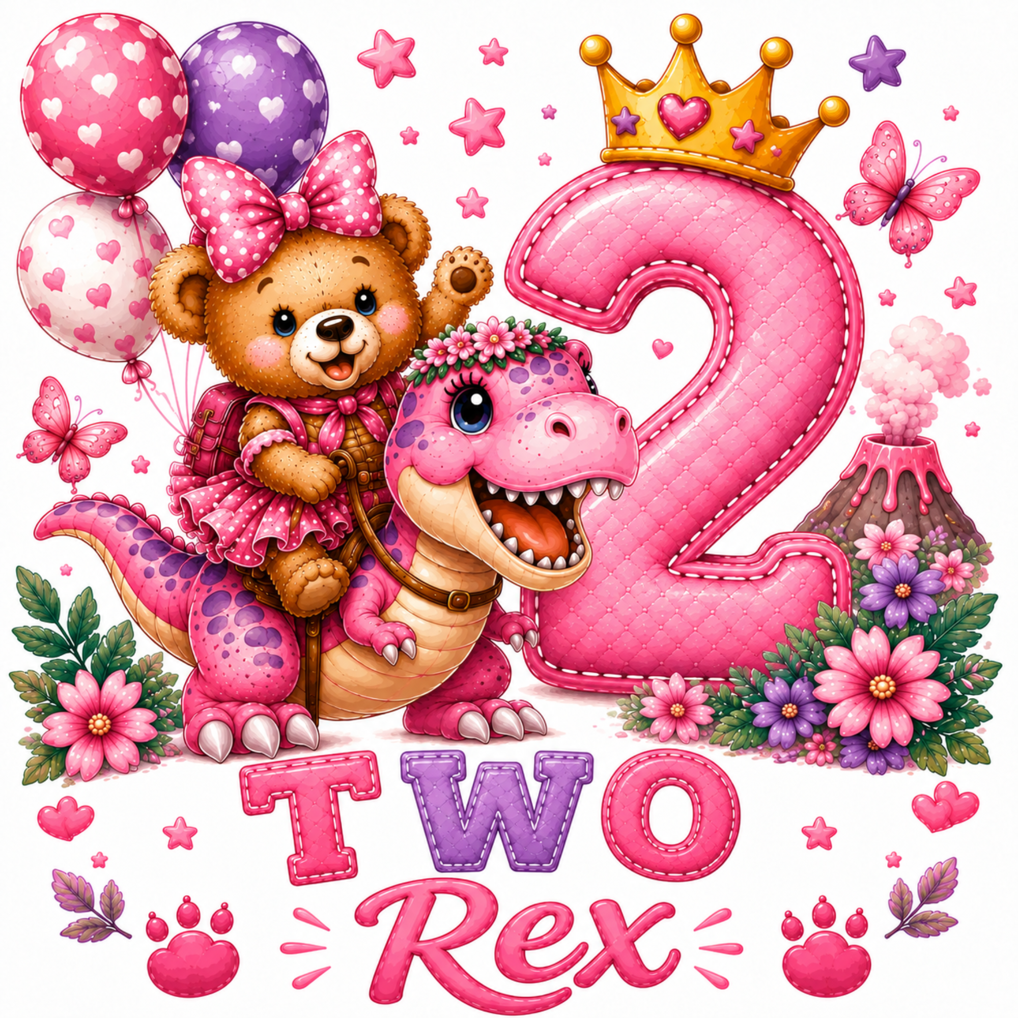 A colorful birthday illustration for a two-year-old featuring a pink teddy bear in a dress and bow, a pink dinosaur, a large pink number 2 with a gold crown, balloons, butterflies, flowers, and the text 'Two Rex' on a white background.