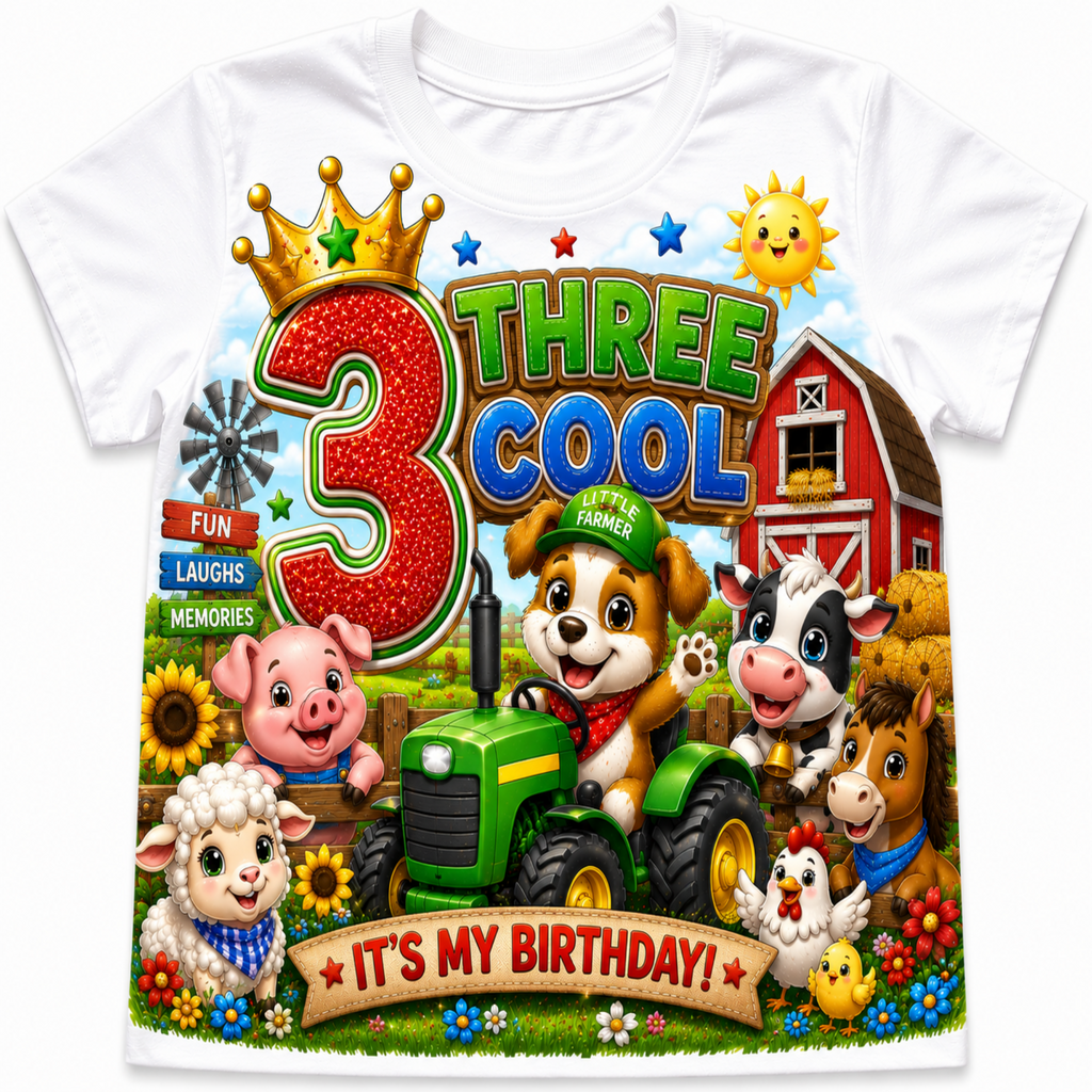 A white short-sleeve t-shirt featuring a colorful cartoon birthday graphic on the front. The design shows a red glittery number 3 with a gold crown, the words 'THREE COOL', a green tractor, a red barn, and several farm animals including a pig, cow, horse, sheep, chicken, and duck.