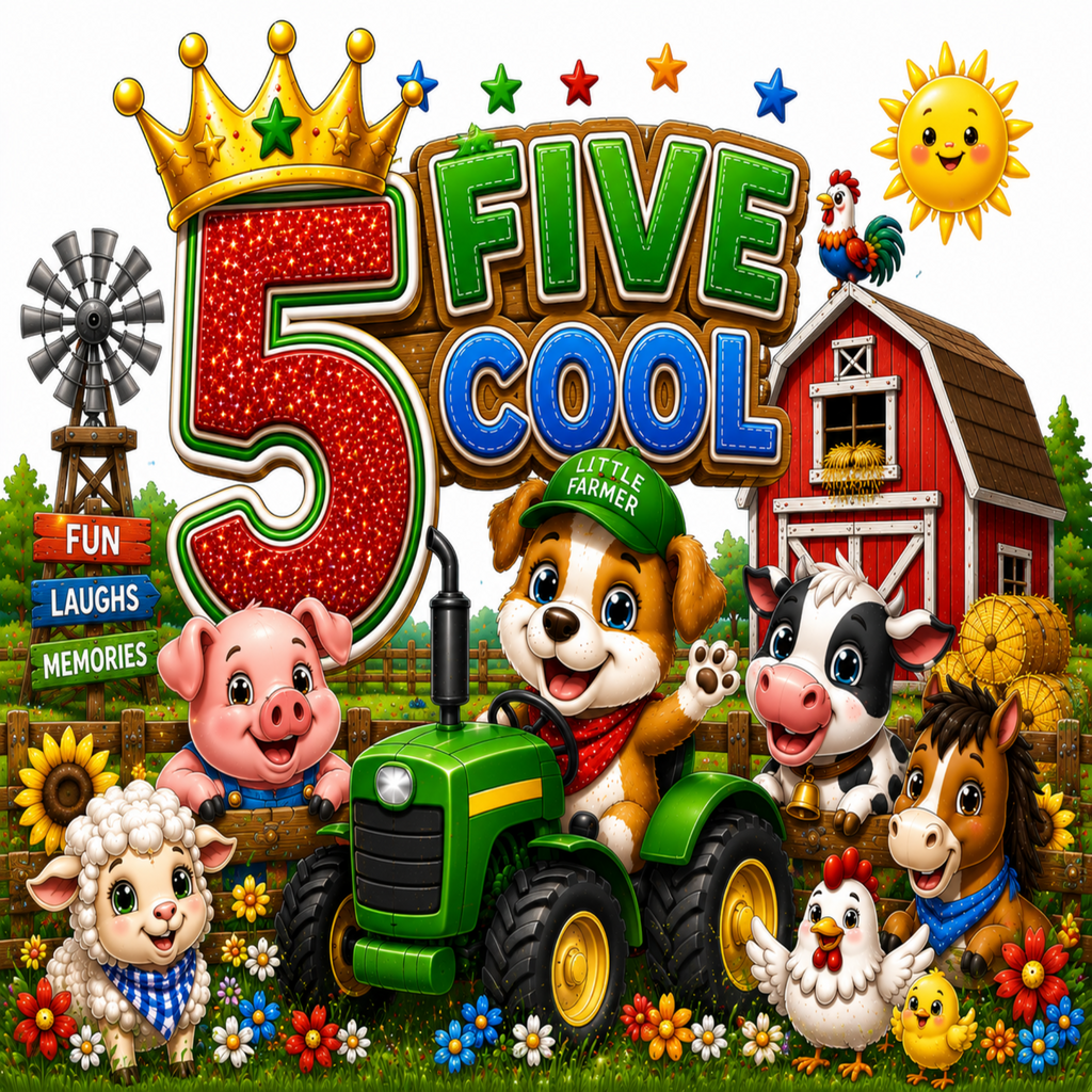A colorful children's book or game cover titled '5 FIVE COOL' featuring cartoon farm animals, a green tractor, a red barn, flowers, a windmill, and a smiling sun on a white background.