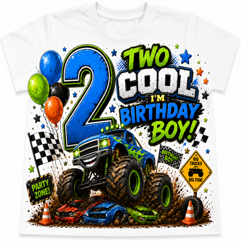 A white short-sleeve t-shirt featuring a colorful graphic design for a 'Two Cool I'm Birthday Boy!' theme. The graphic includes a large blue number 2, a blue monster truck with green rims, race cars, balloons, and various themed stickers and signs.